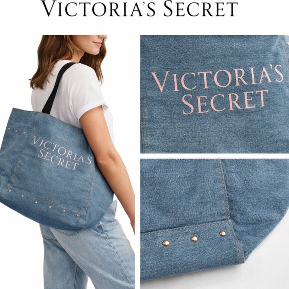 Victoria's Secret Handbags - Victoria’s Secret Denim Blue Tote Black Straps Stud Detail Logo Bag